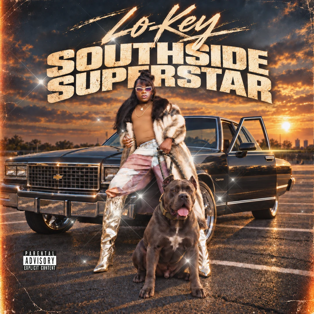 Southside Superstar official album cover featuring Lo-Key, a classic Chevrolet and a dog